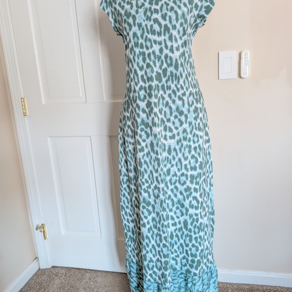 Denim&Co Green Animal Print Midi Dress Short Sleeve XXS XS Cotton Linen Blend